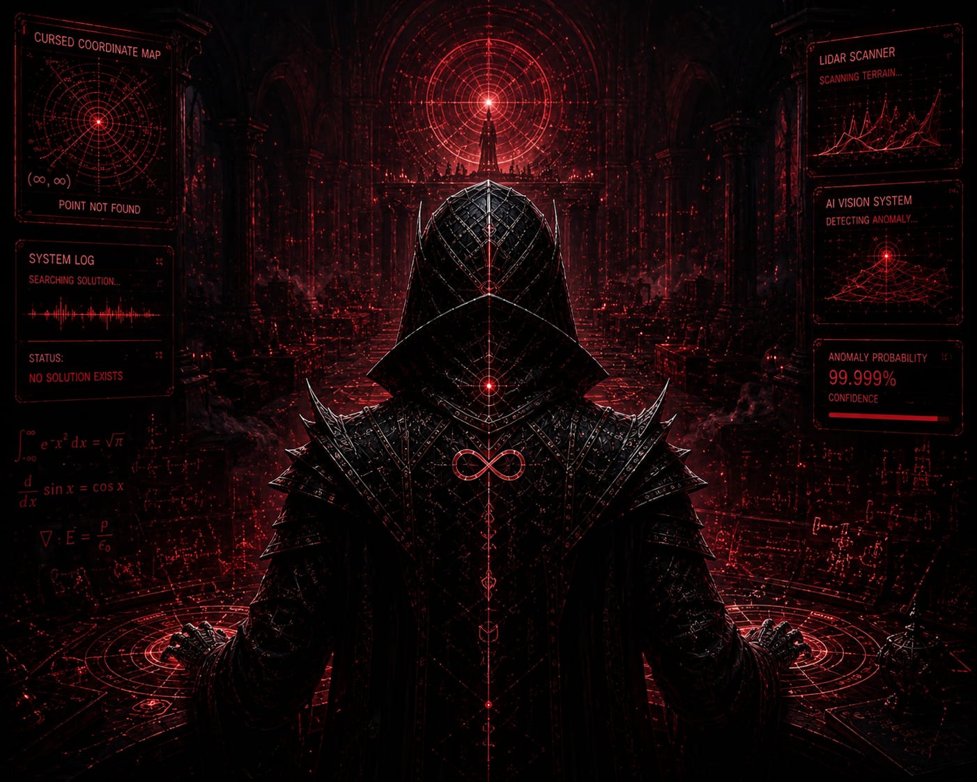A lone intruder standing before a glowing mathematical gateway